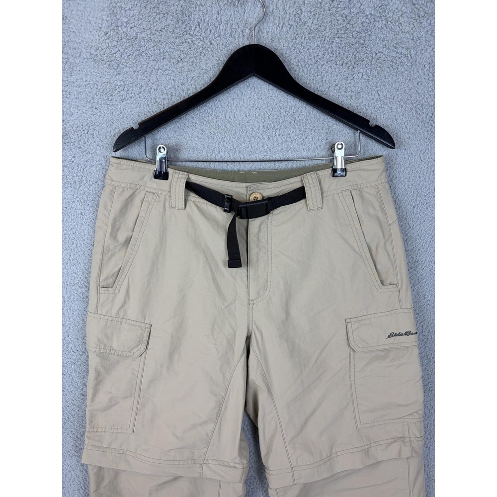 Eddie Bauer Convertible Pants Mens 33x32 Khaki Nylon Hiking Zip Off Cargo Belted